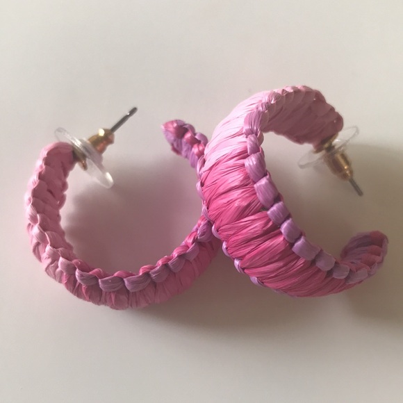 J.Crew Factory Raffia Wrapped Hoop Earrings Pink Ombre - Picture 2 of 5